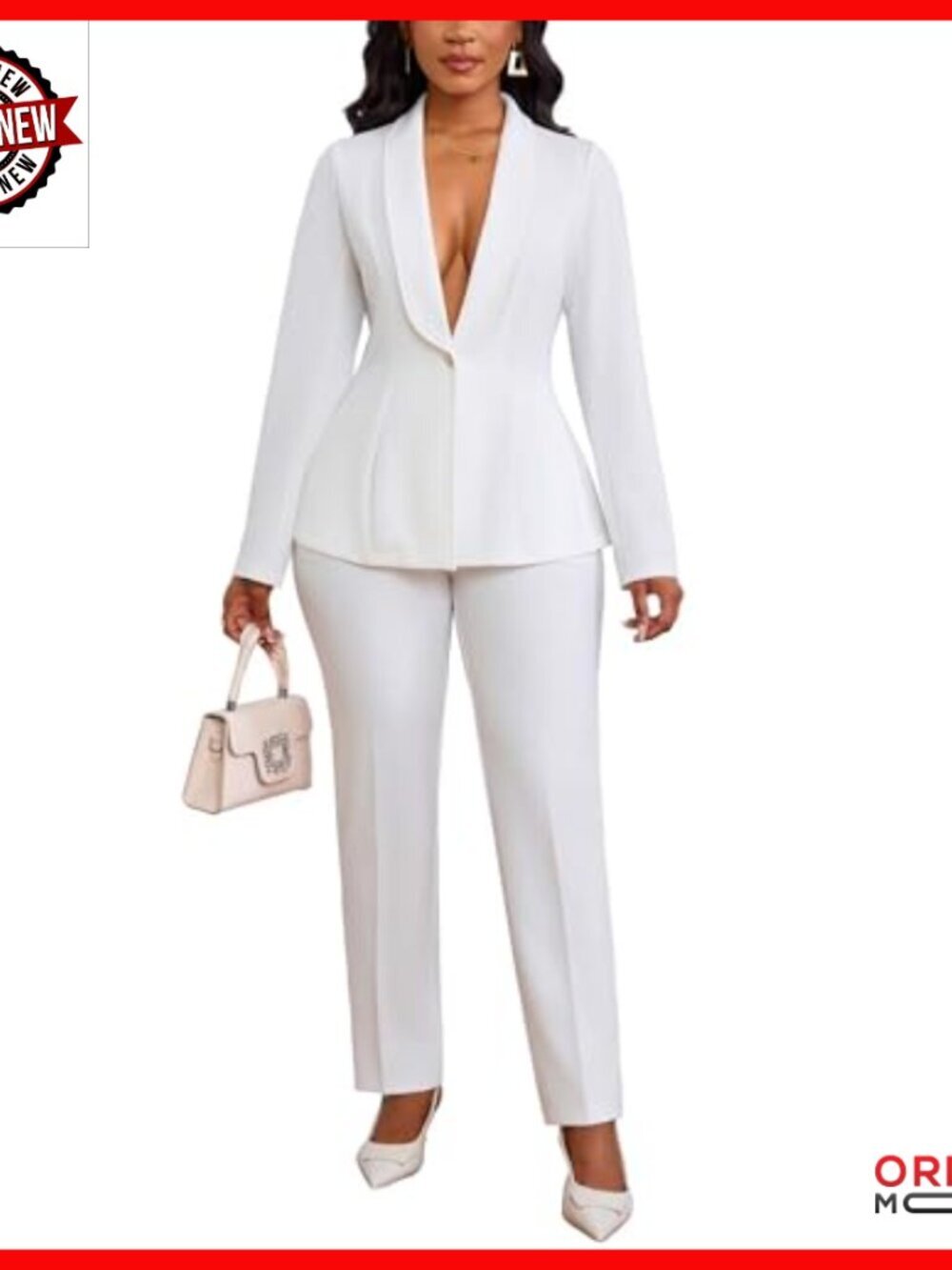 White Long Sleeve Blazer Pantsuit 2-Piece Business Casual Work Set - Picture 2 of 7